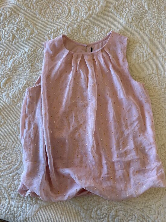 Tops - Sleeveless pink blouse featuring gold metallic clip dots, a pleated neckline.